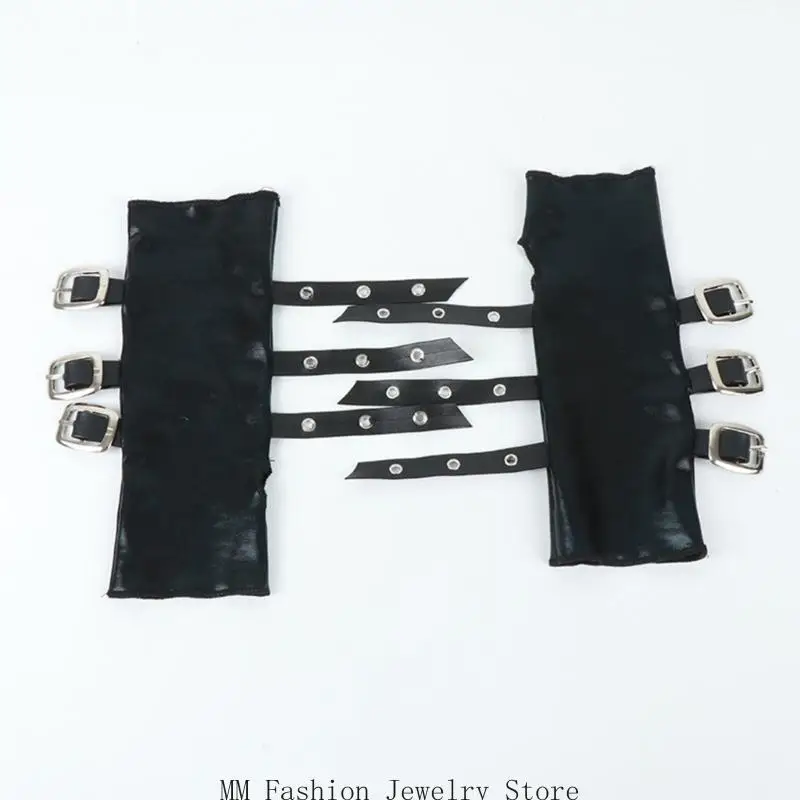 D0UB PU-leren feesthandschoenen met metalen sluiting en decoratieve armmouwen voor damesmeisjesconcerten en nachtevenementen