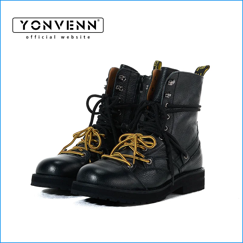 

New original design short leather boots men thick sole height increasing casual outdoor work shoes color blocked shoelace design