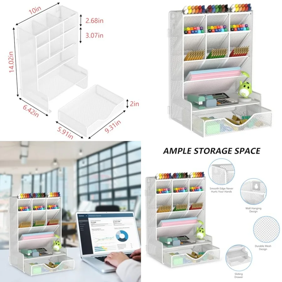 

Pen Organizer for Desk Multi-Functional Desk Organizer Wall Mount Pen Holder with Drawer for School Office Home Art Supplies Wh