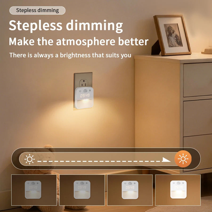 EU Standard Socket Human Sensing Light LED Corridor Sensing Night Light Unlimited Dimming Tri Color Switching with Clock Display