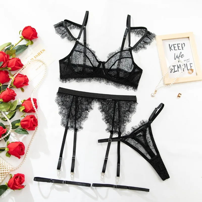 Tornova Erotic Lingerie Sexy French Eyelash Lace Hollow Temptation Shaping Gather Together Women Delicate Hot Bra Four-piece Set view 6