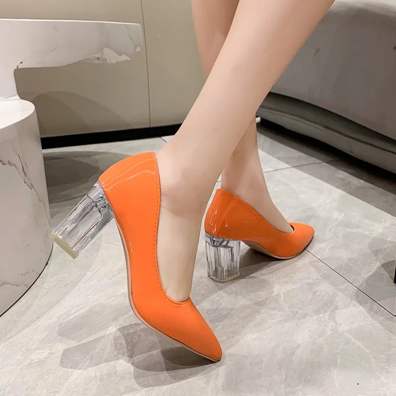 High Heels Women Lady Orange Leather Pumps Female Wedding Green Transparent Shoes women shoes