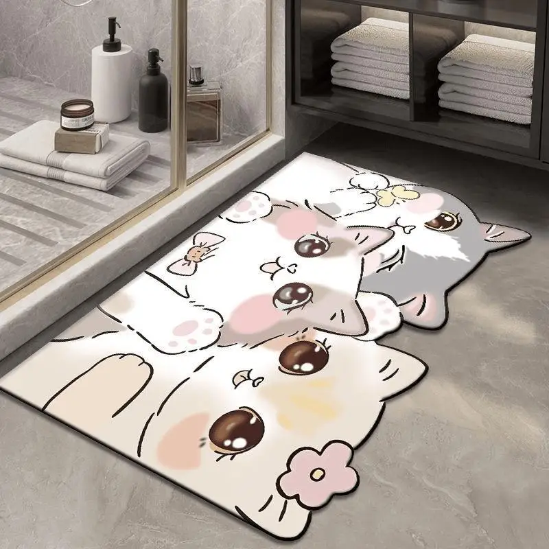 VIKAMA Lovely Bow Kitten Shaped Bath Mat Non Slip Washable Absorbent Floor Rug Cute Cartoon Cat Bedroom Decor Mat