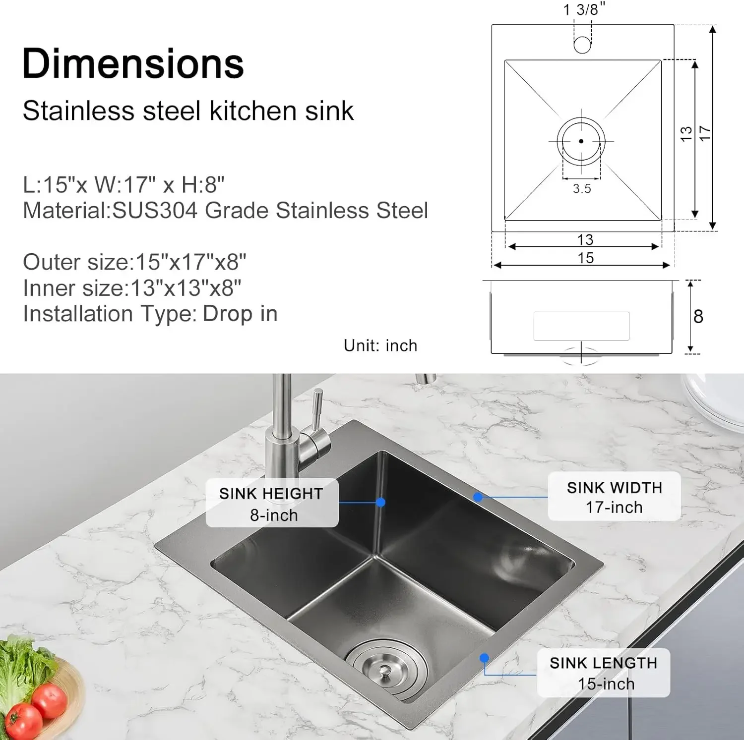 MENATT 15 x 17 Inch Drop in Kitchen Sink, 18 Gauge Stainless Steel Single Bowl Single Faucet Hole Topmount Kitchen