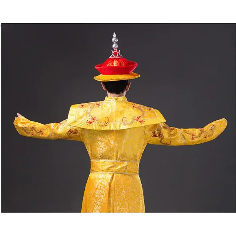 Costume de l'empereur chinois pour hommes, roi de la dynastie Qing, robe de dragon, chapeau inclus, scène vintage, couleur or