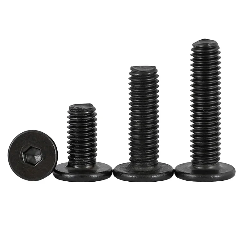 100 unids/lote M5 tornillo de perfil bajo negro acero al carbono hexagonal Ultra fino súper bajo cabeza plana tornillo Allen perno