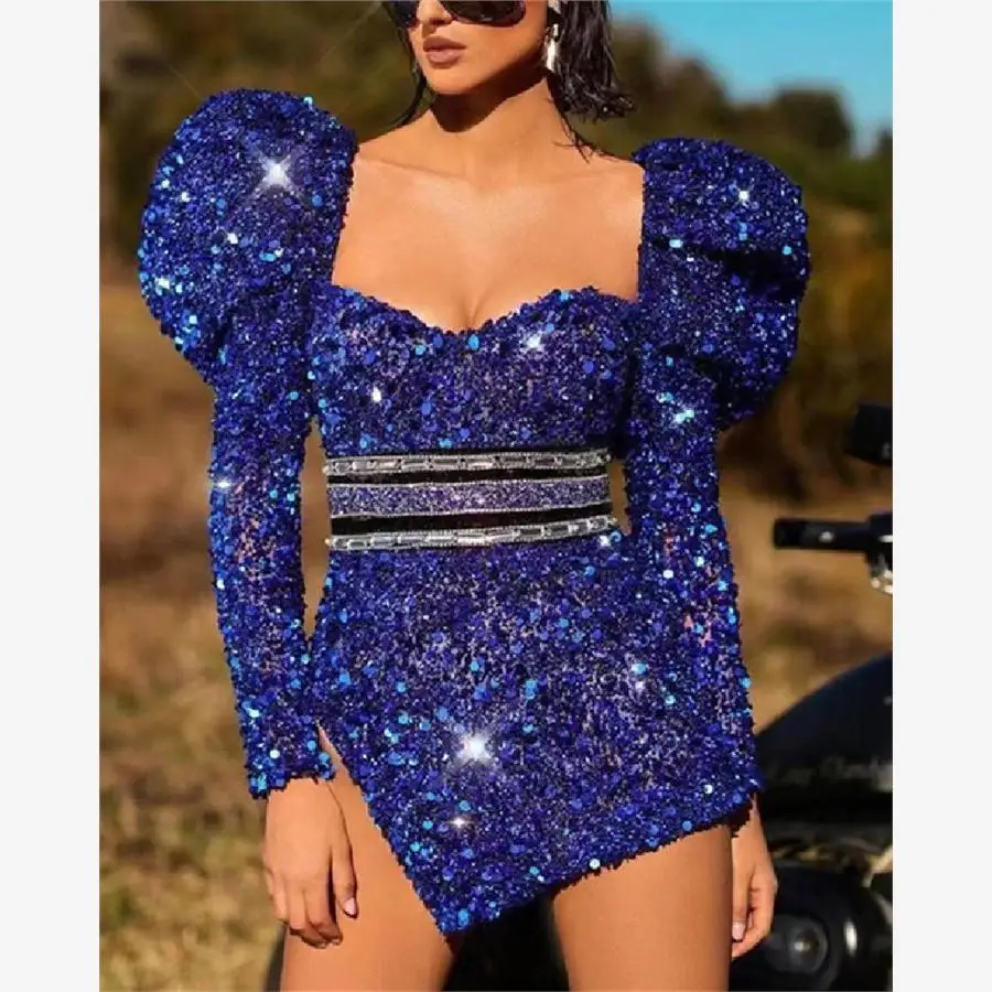 Sexy Fashionable Long Sleeve Sparkling Evening Dress Midi Skirt Women's Party Dress Bubble Sleeve Short Dress Pure Color