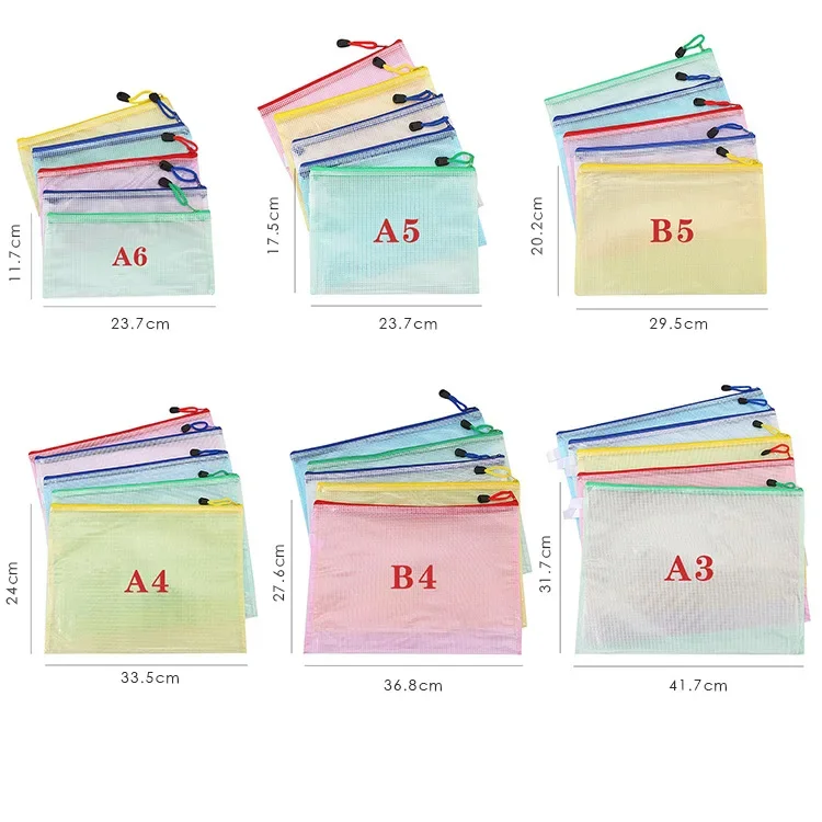 PVC 문구류 보관 가방, 폴더 파일, 메쉬 지퍼 파우치, A4, A5, A6, B4, B5, A3, B4, 문서 폴더, 학교 사무용품