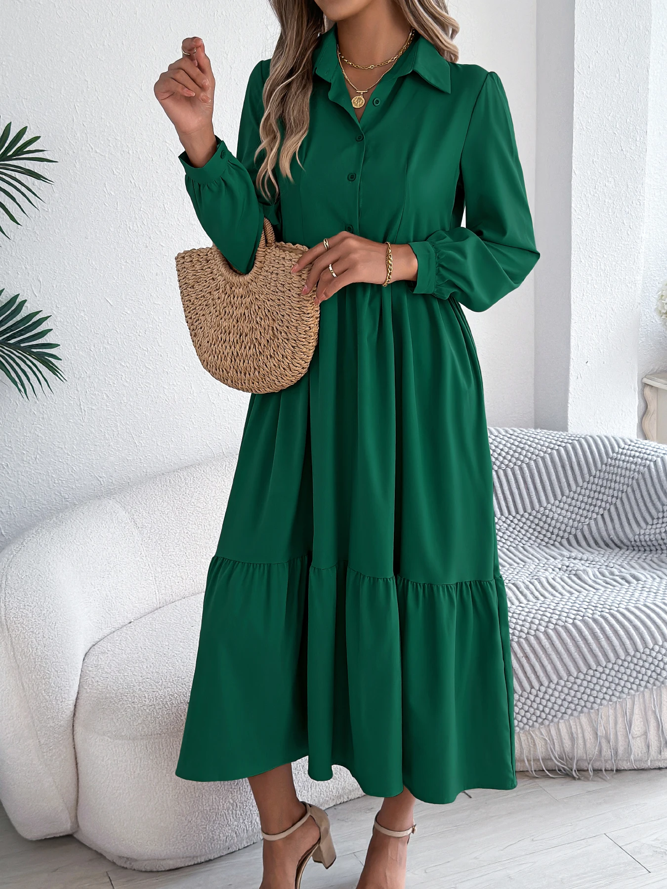 Robe décontractée à manches longues et col rabattu pour femme, vêtement de vacances, simple boutonnage, mode printemps-automne