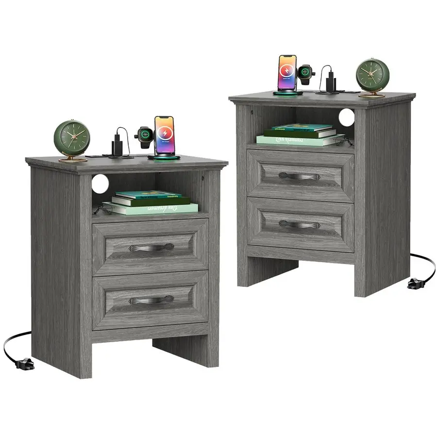 

Набор из 2 тумбочек, прикроватная тумбочка с зарядной станцией, прикроватная тумбочка для фермерского дома с 2 ящиками, открытая полка, торцевой столик в деревенском стиле