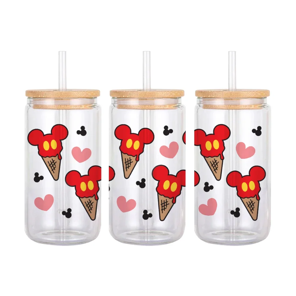 Valentine\'s Day Theme Disney Mickey Minnie UV DTF Transfer Sticker Waterproof Transfers Decals For 16oz Glass Cup Wrap Stickers