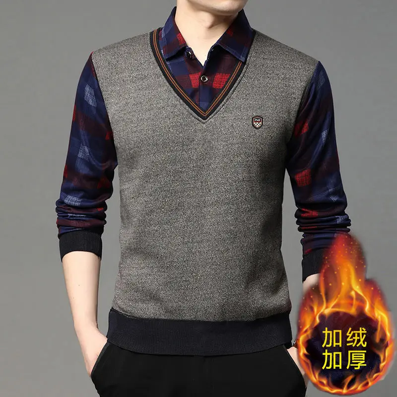Herren-Langarmshirts mit Fleecefutter, Fake-Two-in-One-Strickhemden, gepunkteter Hemdkragen, V-Ausschnitt, entspannte Passform, warme Oberteile. – Detail 15