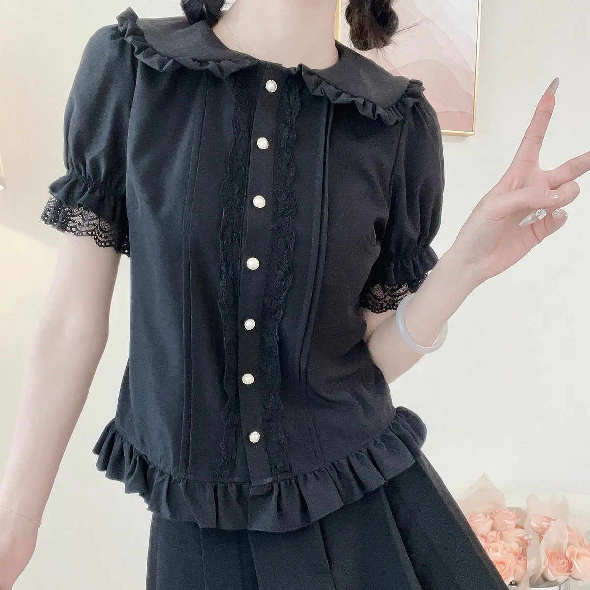 

New 2025 Women's Sweet Lolita Shirt Short Puff Sleeve Flower Embroidered White Ruffle Blouse Top Retro Summer Slim-Fit Shirts