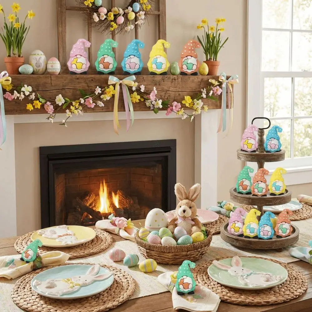 Набор из 5 реалистичных фигурок пасхальных гномов из ПВХ, миниатюрные кролики ручной работы, имитация наполнителей для корзин, статуэтки гномов