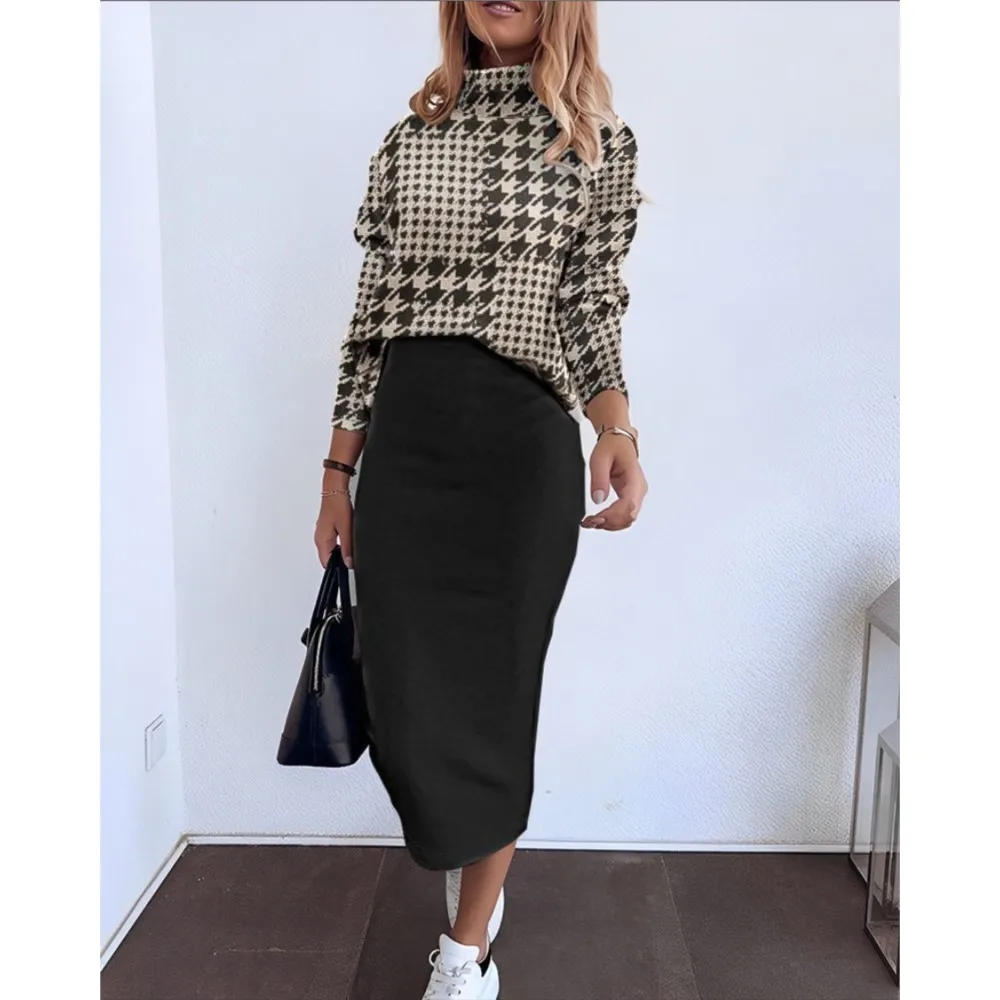 Autumn Winter Retro Plaid Print Skirt Suit Female Casual Long Sleeve High Collar Blouses Hip Wrap Skirt 2 Piece Sets For Women