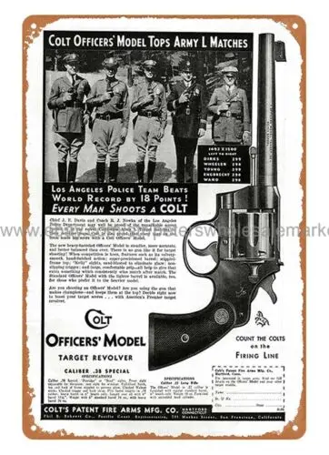 1935 Colt Officers Special Target Revolver ammo firearm metal tin sign