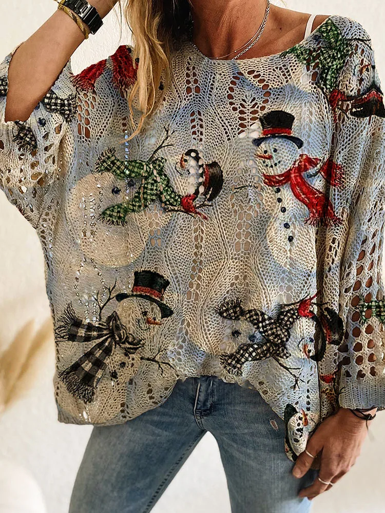 

Модный вязаный пуловер с рукавами «летучая мышь» и рождественским узором, свитер с длинными рукавами и принтом, сексуальный вязаный крючком женский свитер