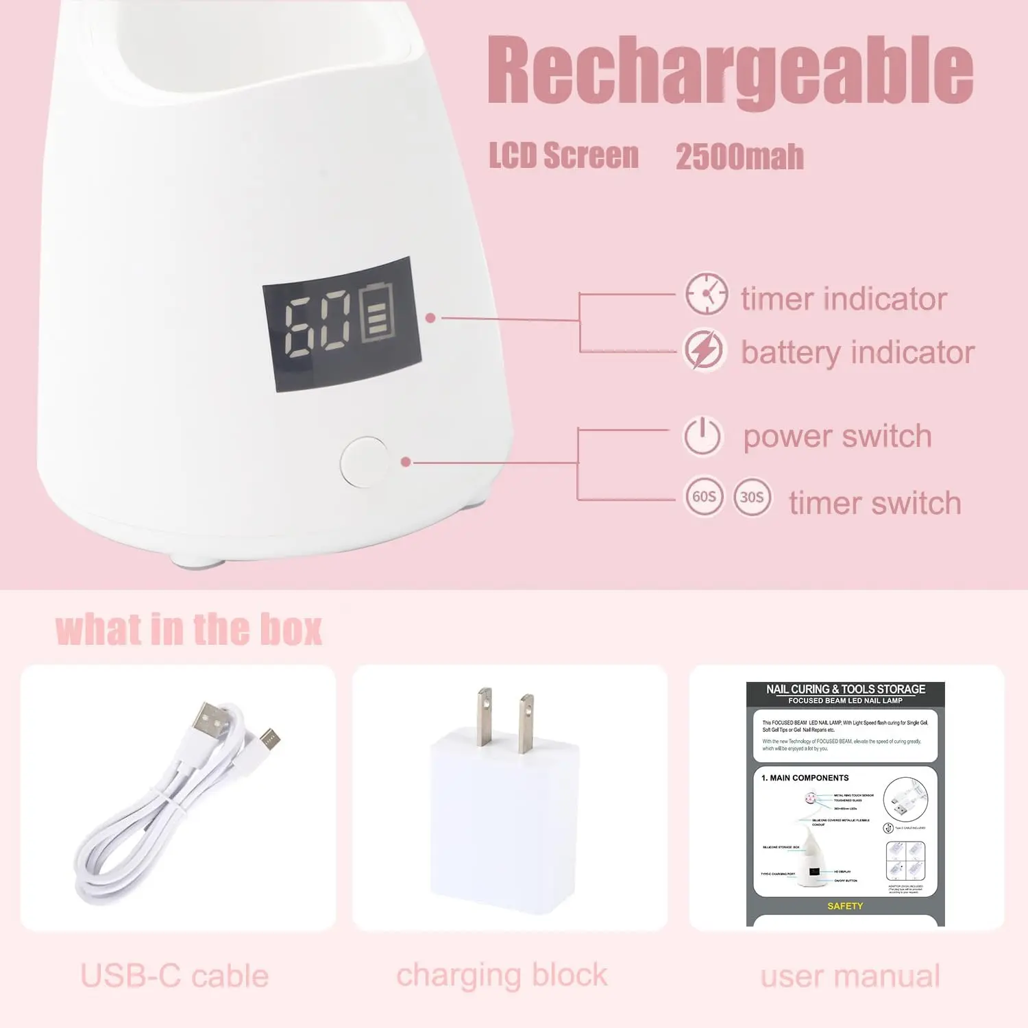 مصباح أظافر جل يعمل باللمس، ضوء LED بالأشعة فوق البنفسجية قابل لإعادة الشحن مع مؤقت، مجفف معقوفة، علاج سريع للاستخدام المنزلي والمحترف