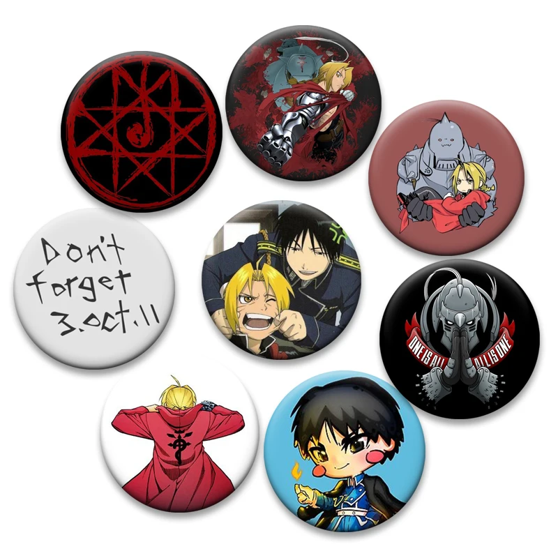 Alfileres de dibujos animados Roy Mustang Edward Elric para mochila, accesorios, insignia de colección de Anime Fullmetal Alchemist, broches redondos de exhibición