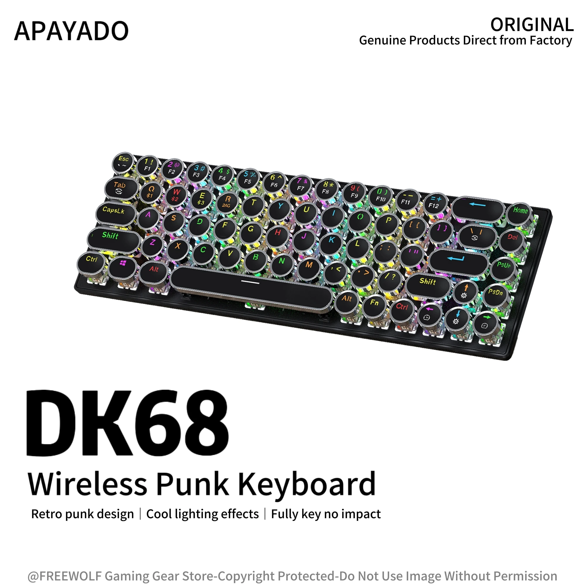 Bluetooth Wireless DK68 Modern Punk Keyboard APAYADO RGB Backlight,Circular Floating Keycaps,Classic Black and White Color