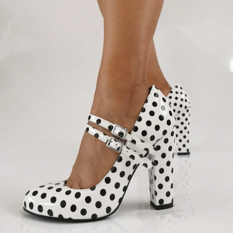 

Black Polka Dot High Heels Mary Jane Shoes Women Black and White Color Matching Leather Round Toe Chunky Heels Shoes Pumps