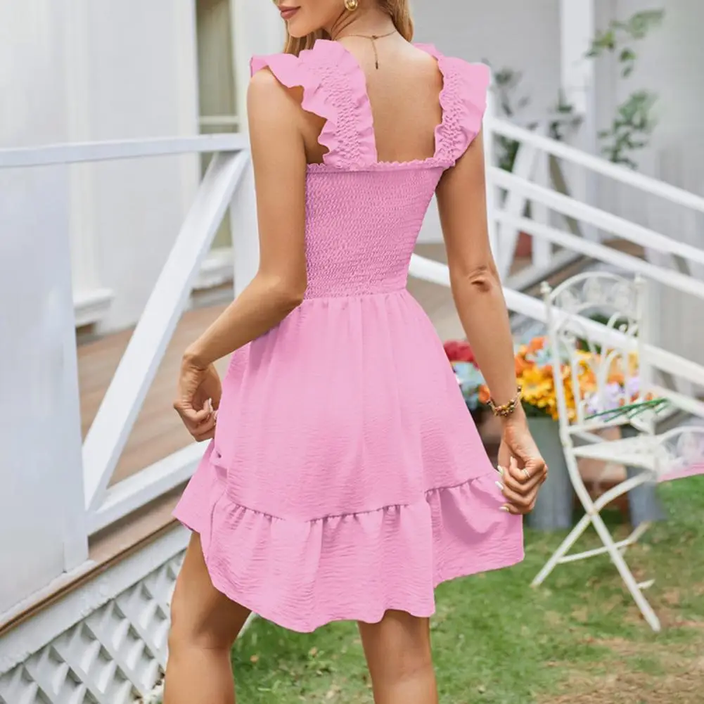 

Short Mini Dress Elegant Square Neck Ruffle Dress for Women Backless A-line Mini Dress with Pleated Hem for Party Beach Dating