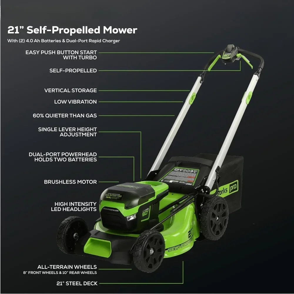 60V 21” Cordless (Self-Propelled) Lawn Mower (LED Lights + Aluminum Handles), 2 x 4.0Ah Batteries and Dual Port Rapid Charger