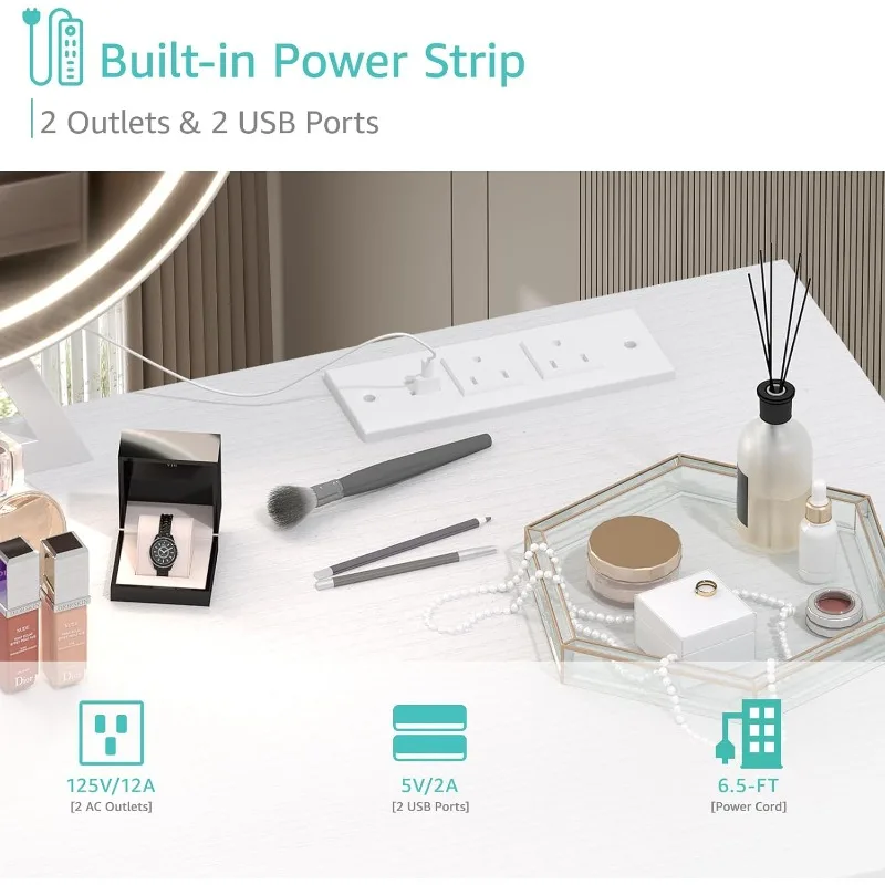 White Makeup Vanity Desk with Mirror and Lights, 40 inch Make Up Vanity Desks with Fabric Drawers & Power Outlet, Dressing