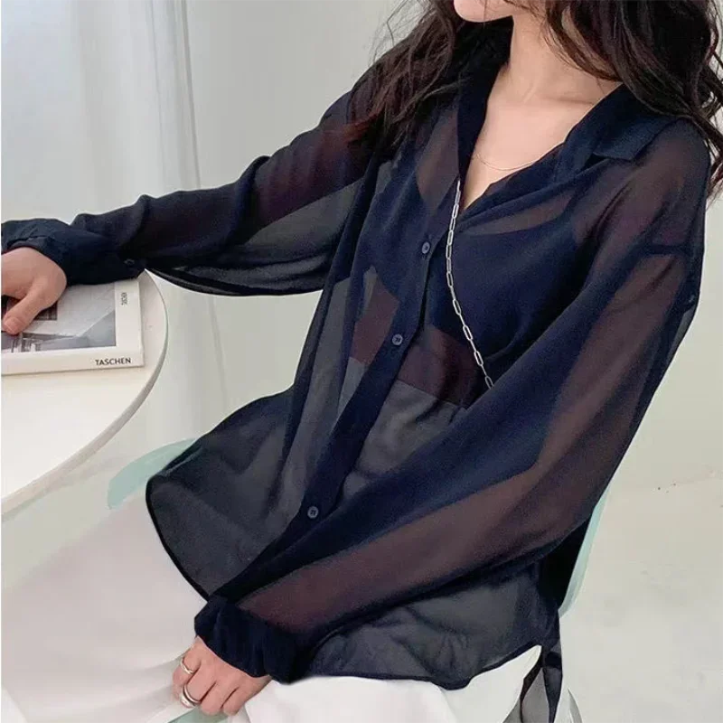 Shirt for Women Blouse Long Sleeve Top Chiffon Summer Simple Sun-proof Fashion All-match Basic Korean Sexy Solid Casual Shirt