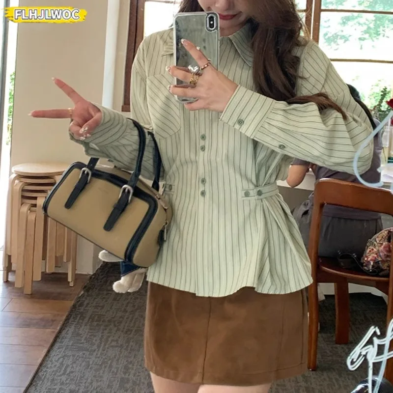 Katoenmix Tops Blouses Hot 2023 Lente Zomer Lange Mouw Preppy Stijl Japan Meisjes Gestreepte Groene Slanke Taille Button Up Shirts