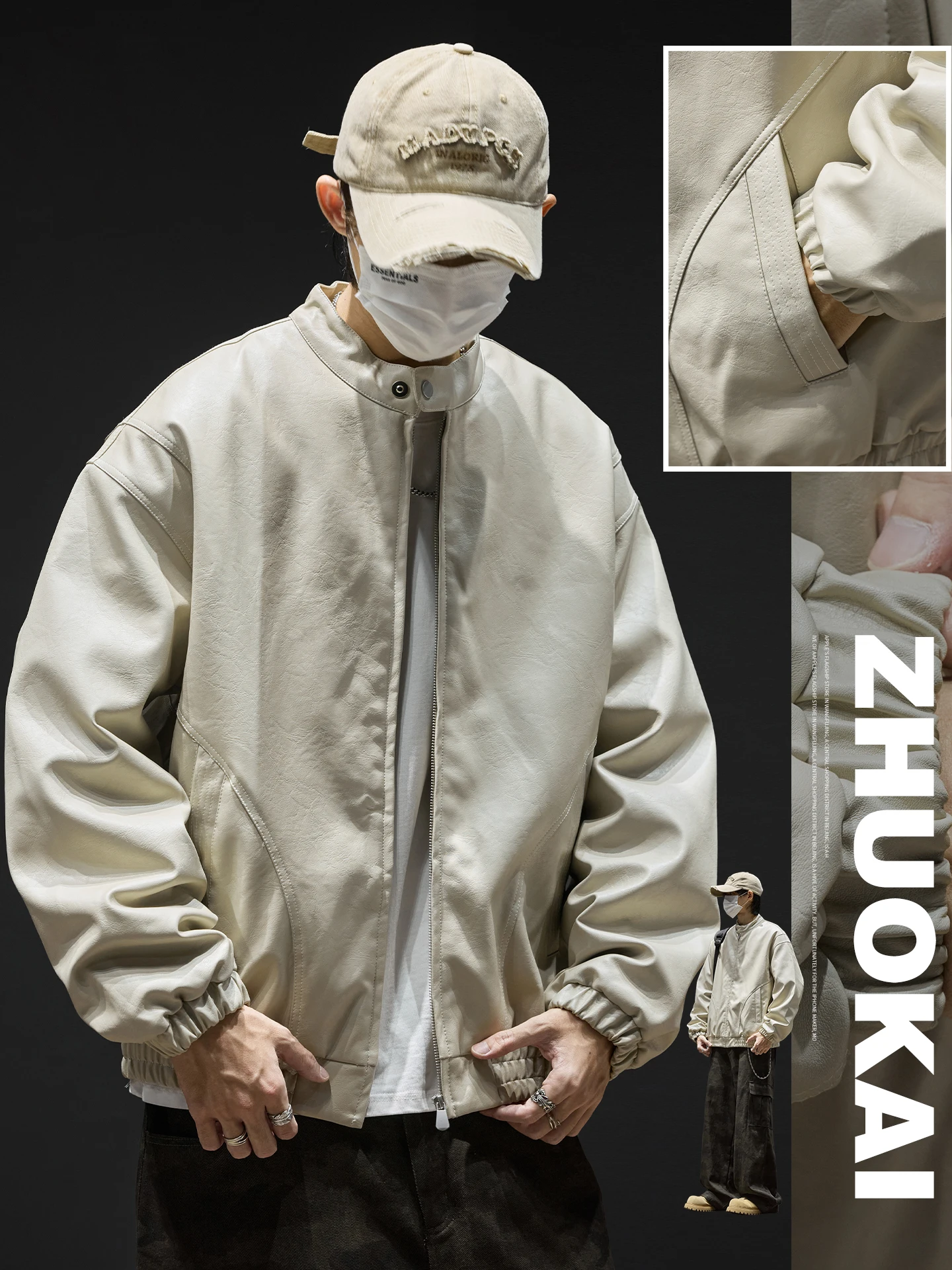 

Men's PU Leather Jaet Warmth And Texture Collar Winter Coat Long Sve Zipper Closure Casual Faion Youthful Sle