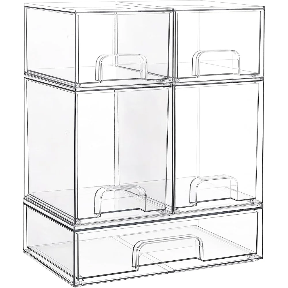 

Stackable Storage Drawers Set of 5 Clear Plastic Organizer Bins Bathroom Vanity Kitchen Pantry Cabinet Organization