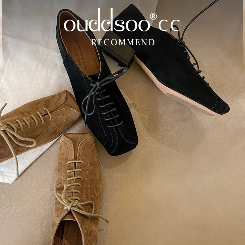 

Ods Strange Heel Retro Soft Leather Low Pumps Square Toe Cross-tied Fringe Strap Elengant Lady Dress Party Women Spring Summer