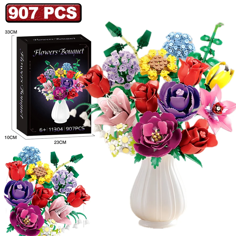 

Valentine's Day Romantic Bouquet Building Blocks Sunflowers Rose Daisy Flower Model Brick Gift for Kids Adults Home Decoraiton