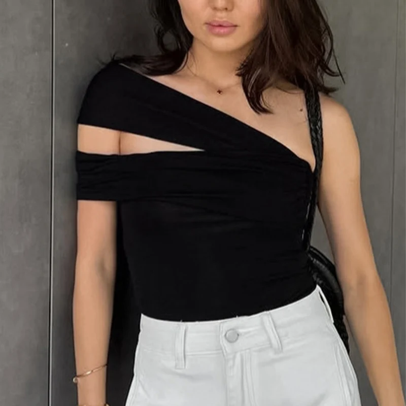 

Trendix Black Bodycon Crop Tops For Women's 2026 Summer Off Shoulder Tank Top Street Slim Party Sexy Asymmetric Vacation Top