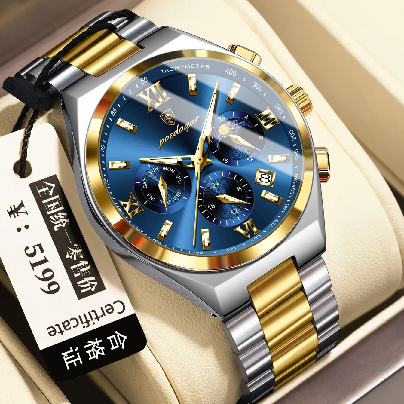 Men's Chronograph Quartz Watch Blue Dial Two-tone Stainless Steel Band Luminous Calendar Waterproof Wristwatch