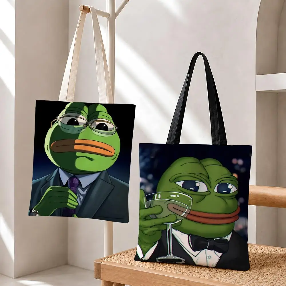Meme Pepe the Frog Storage Bags Fashion Cotton 12/16oz Canvas Tote Bag Eco Friendly Reusable Large Capacity Shopping Bag