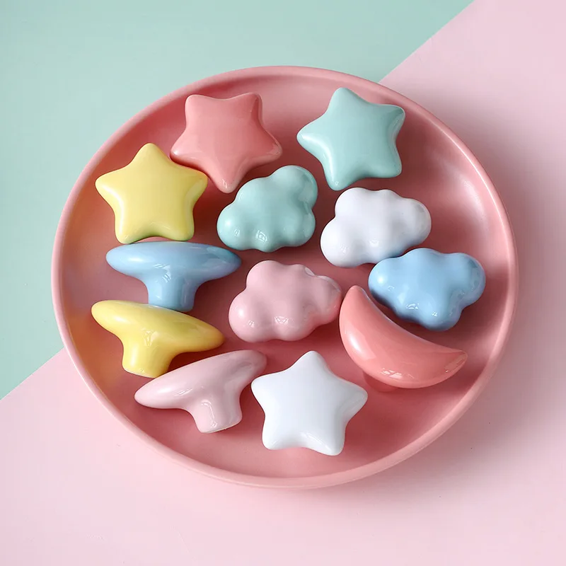 Cartoon Children Room Ceramic Cabinet Knobs Moon Star Wardrobe Handle Garden Door Handle Cabinet Handles Drawer Pulls Knurled
