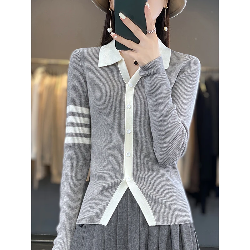 Women's cardigan autumn/winter new casual knitwear 100% pure wool POLO collar jacket slim fit Tops Japanese/Korean style Blouse