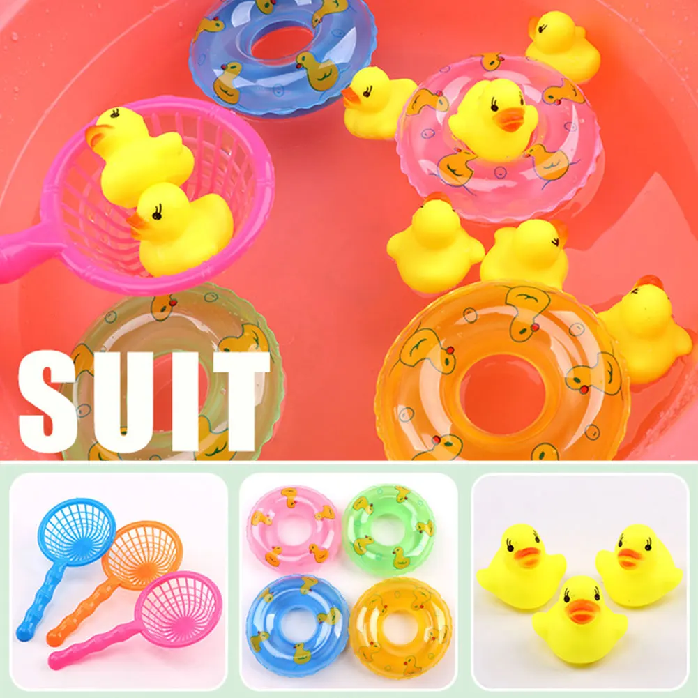 5 uds/se bebé lindo pato flotante juguete de baño natación goma suave flotador pato red de pesca anillos de natación para niños juegan regalos divertidos