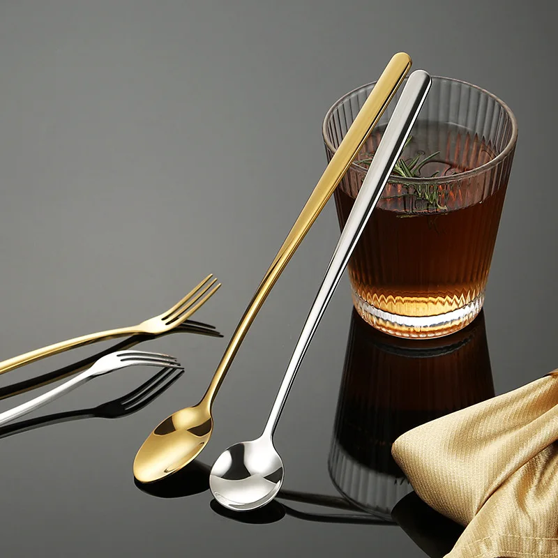 Thick heavy-duty ice spoon 304 stainless steel long handle mixing spoon, sand ice fork, dessert milk tea honey spoon