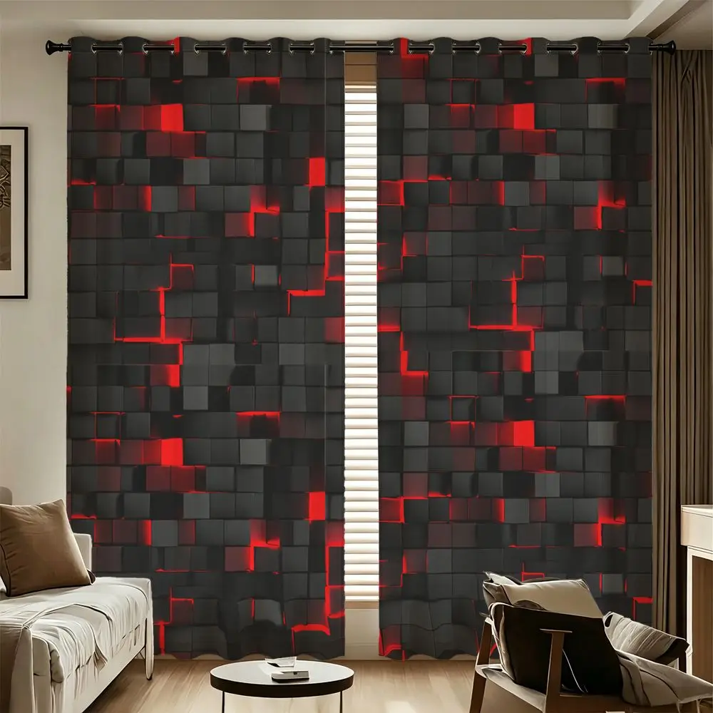 2 Panels Black Red 3D Cube Printed Curtains Light Blocking Gaming Room Curtains for Bedroom Living Room Window Home Decor