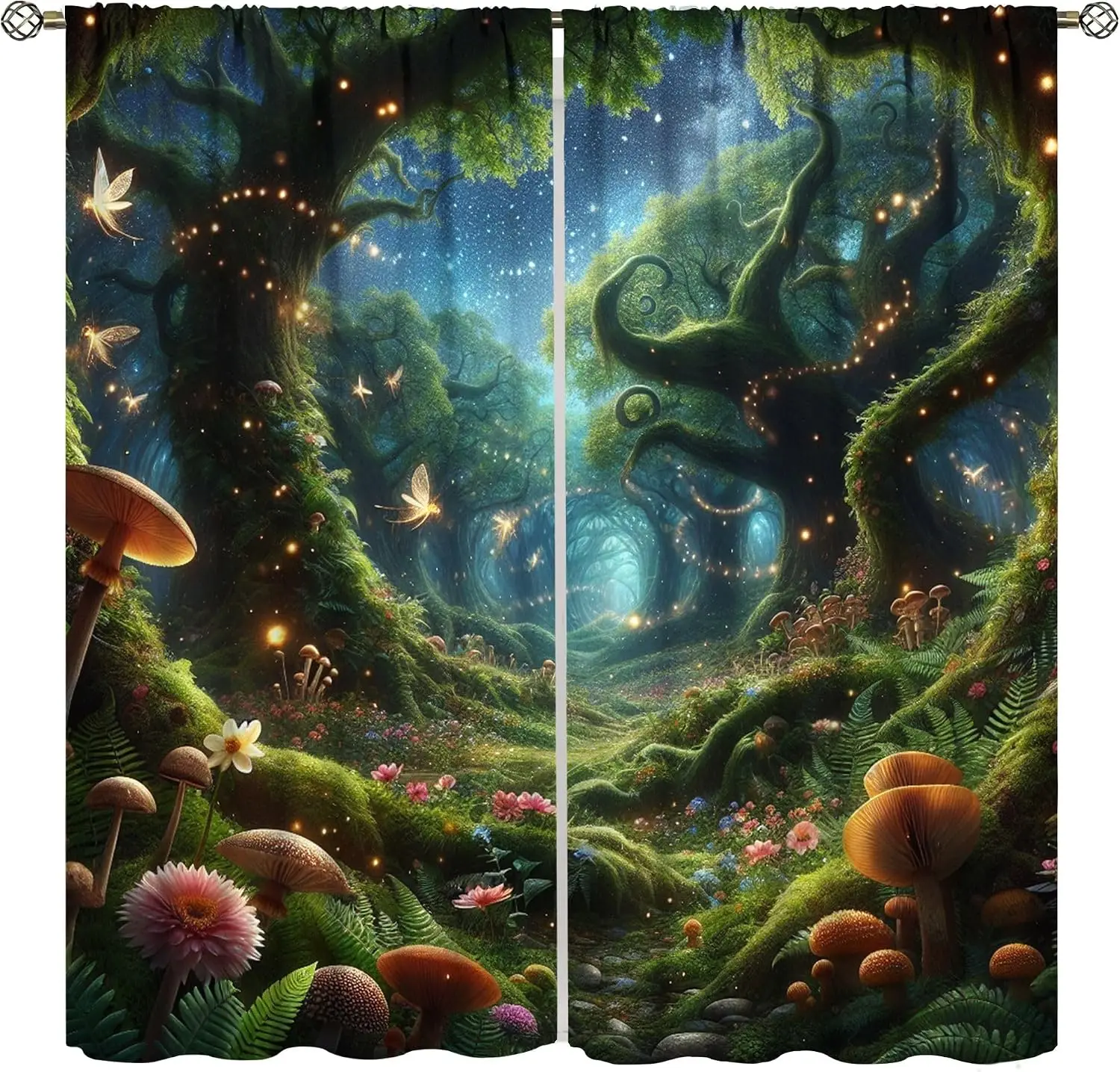 Magic Forest Glowing Mushroom Fairy Dragonfly Blackout Rod Pocket Curtain Starry Night Fantasy Decor Kids Bedroom Rest Bay