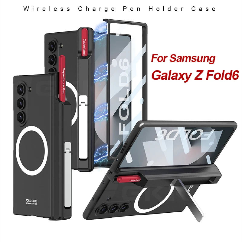 For Magsafe Wireless Charge Magnetic Hinge Case for Samsung Galaxy Z Fold 6 Fold6 Outer Screen Glass With Pen Holder Stand Cover