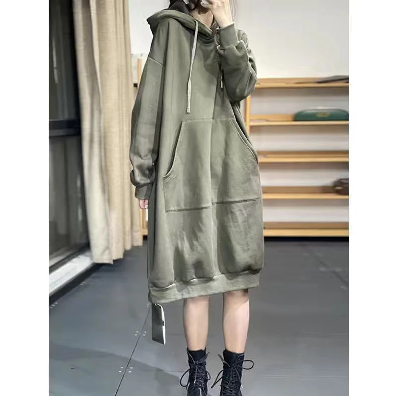 Autumn Winter New Solid Mid Length Hooded Dress Women Patchwork Drawstring Pockets Loose Fashion Casual Warm Long Sleeve Dresses