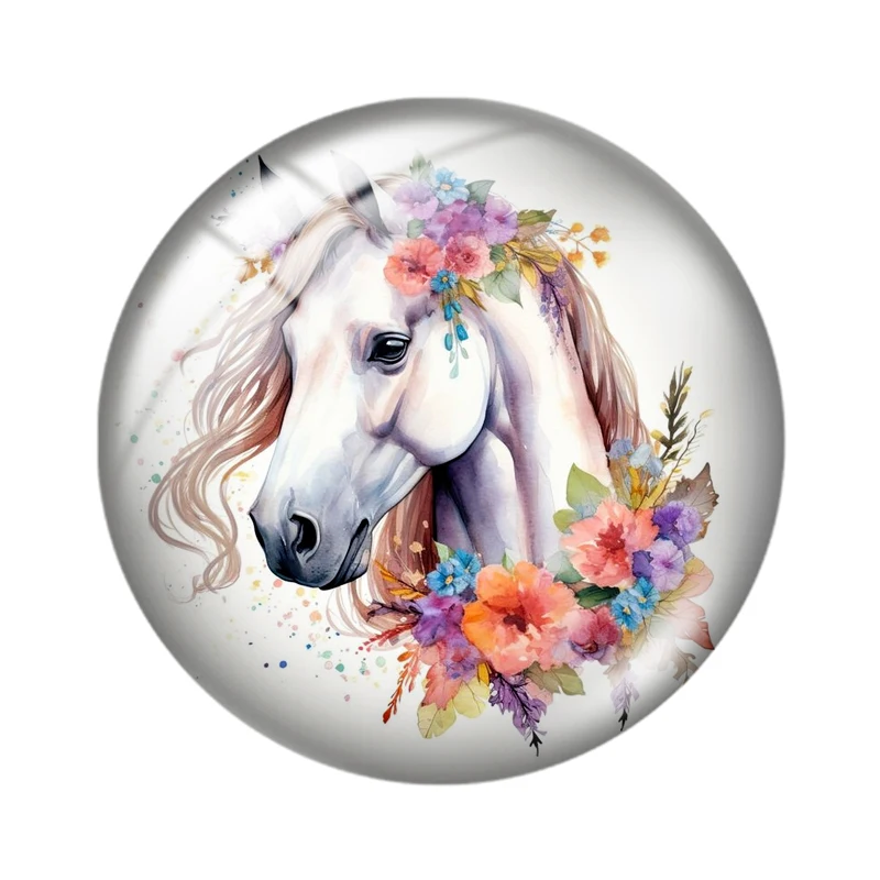 Boho Flowers Horse New Drawing  mix 12mm/18mm/20mm/25mm Round photo glass cabochon demo flat back Making findings