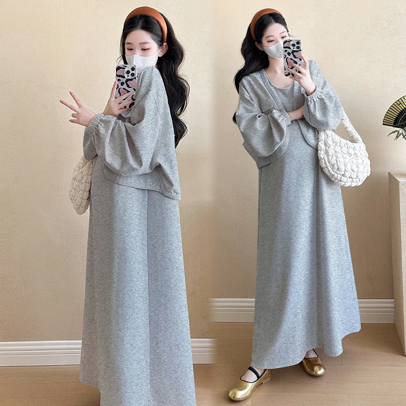 Maternity Wear Autumn Winter Clothes Set Mom Fashion Hoodie Cardigan + Tank Dress Elegant Suit Pregnant Women Pregnancy Wear