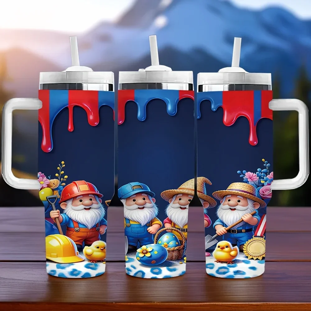 40oz Tumbler with Handle Features Cute Cartoon Gnome Print, It Offers Long Lasting Insulation, Ideal As Holiday And Birthday Gift for All Ages for Daily Use In Indoor And Outdoor Scenes