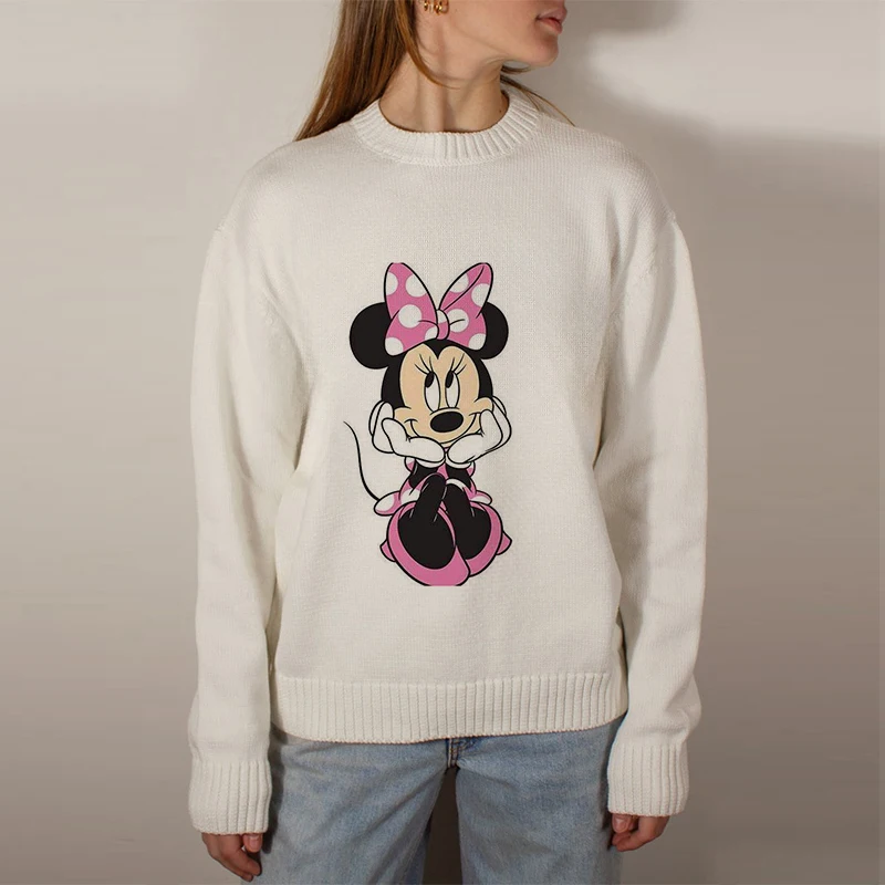 Disney Mickey Minnie Sweater Pullover Long Sleeve Knitted Women Top O Neck Female Jumper Autumn Winter Streetwear White Sweaters