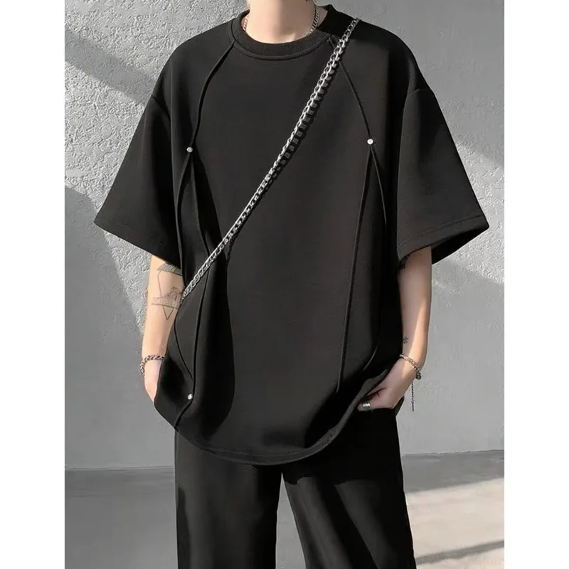 Summer Short Sleeved T-shirt Men Retro Suede T-shirt Men Hip-hop Loose Black White T Shirt Mens Top